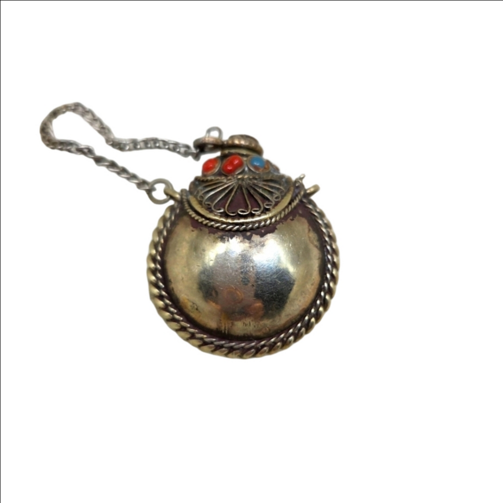 Vintage Nepal Tibetan Copper Stone Pendant Snuff Bottle